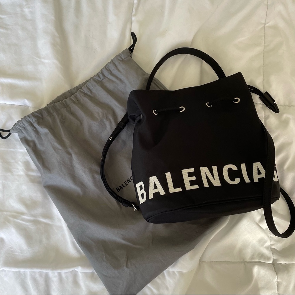 BALENCIAGA XS Nylon Wheel Logo Bucket Bag Black